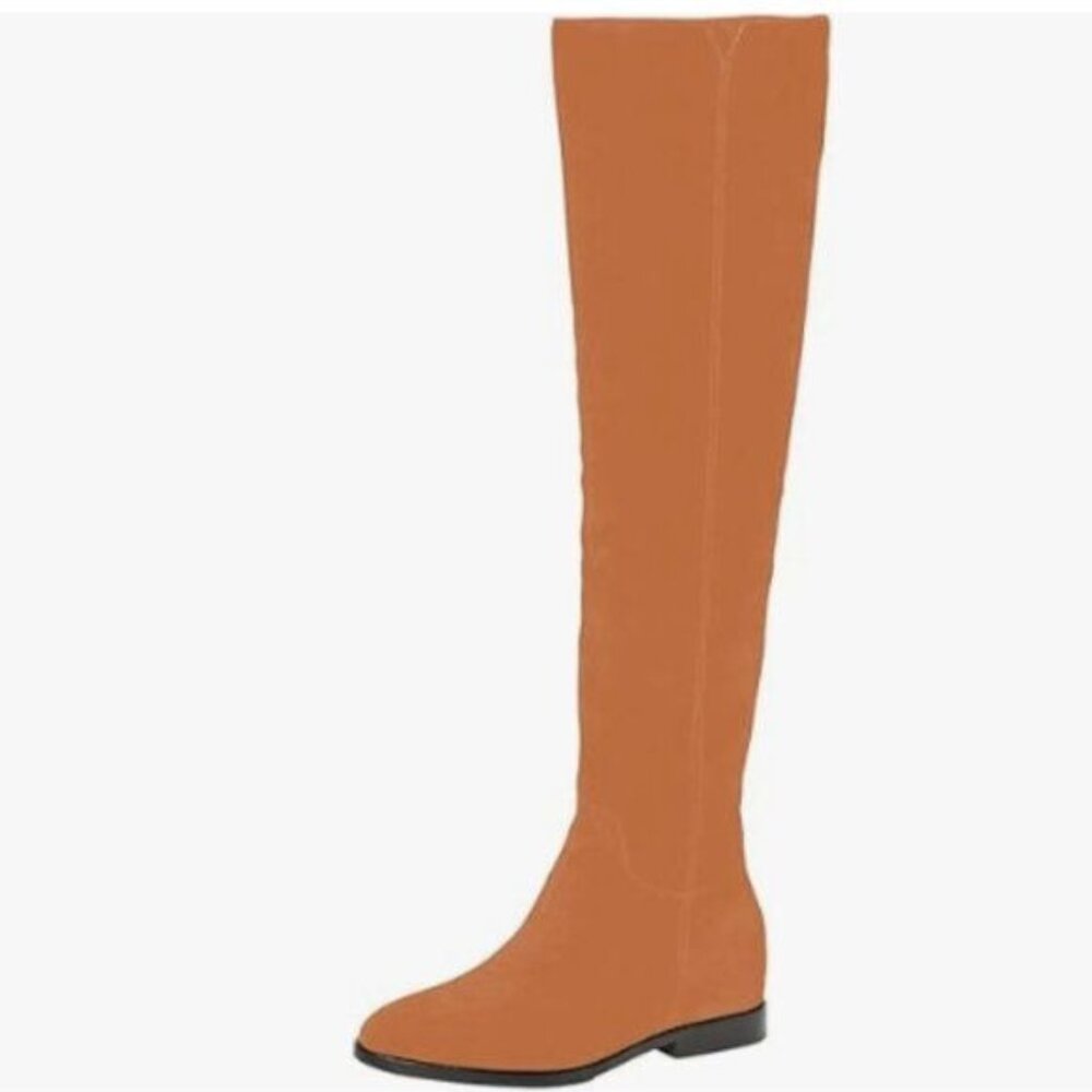 Pazzion Women Almond Toe Knee High Boots with Partial Zipper Stretchy Orange